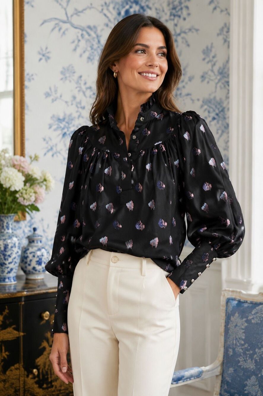 NWOT Tuckernuck Black and Blurred Dot Fil Coupe Corrigan Blouse, XXS $228 C20
